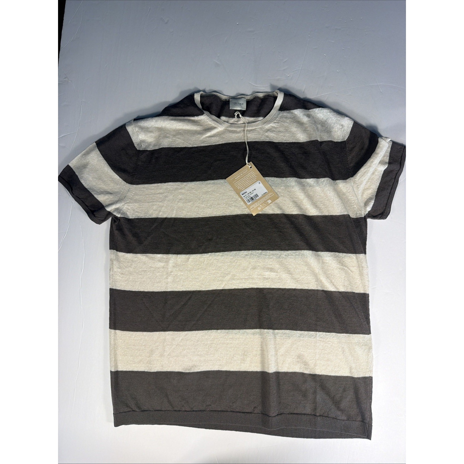 Nwt Velasca Made Italy Linen Cotton Knit T Shirt Mens 44 Us Brown Ecru Stripe — image 3 of 7